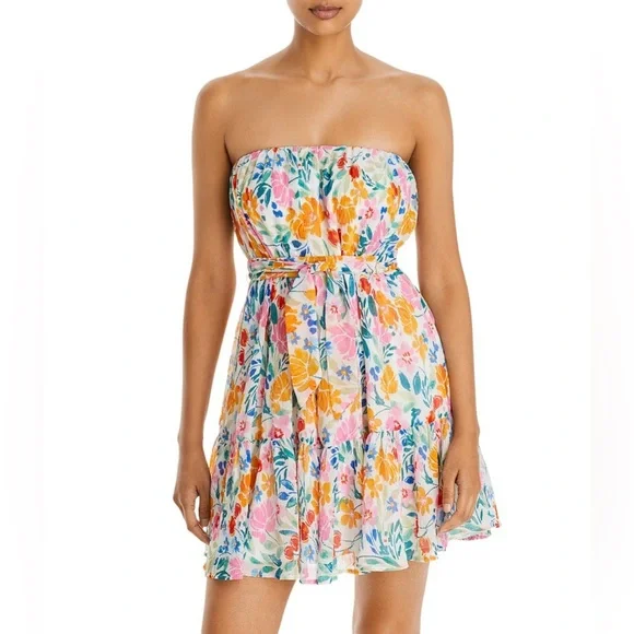 NWT- Aqua- Strapless Tie Waist Floral Mini Dress- Size Medium - Picture 2 of 8